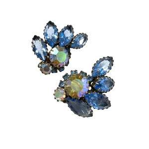 Vintage Clip On Earrings Blue Aurora Borealis Rhinestones Crescent Shaped Silver